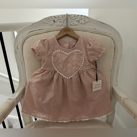 🦢 24 Mth Dusty Rose Embroidered Heart Baby Dress with White Trim 3 Piece Set NWT - Picture 3 of 13